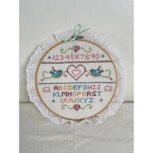 Hand Stitched Nursery Cross-Stitch Sampler 123 ABC Birds Hearts‎ Hoop Ruffle